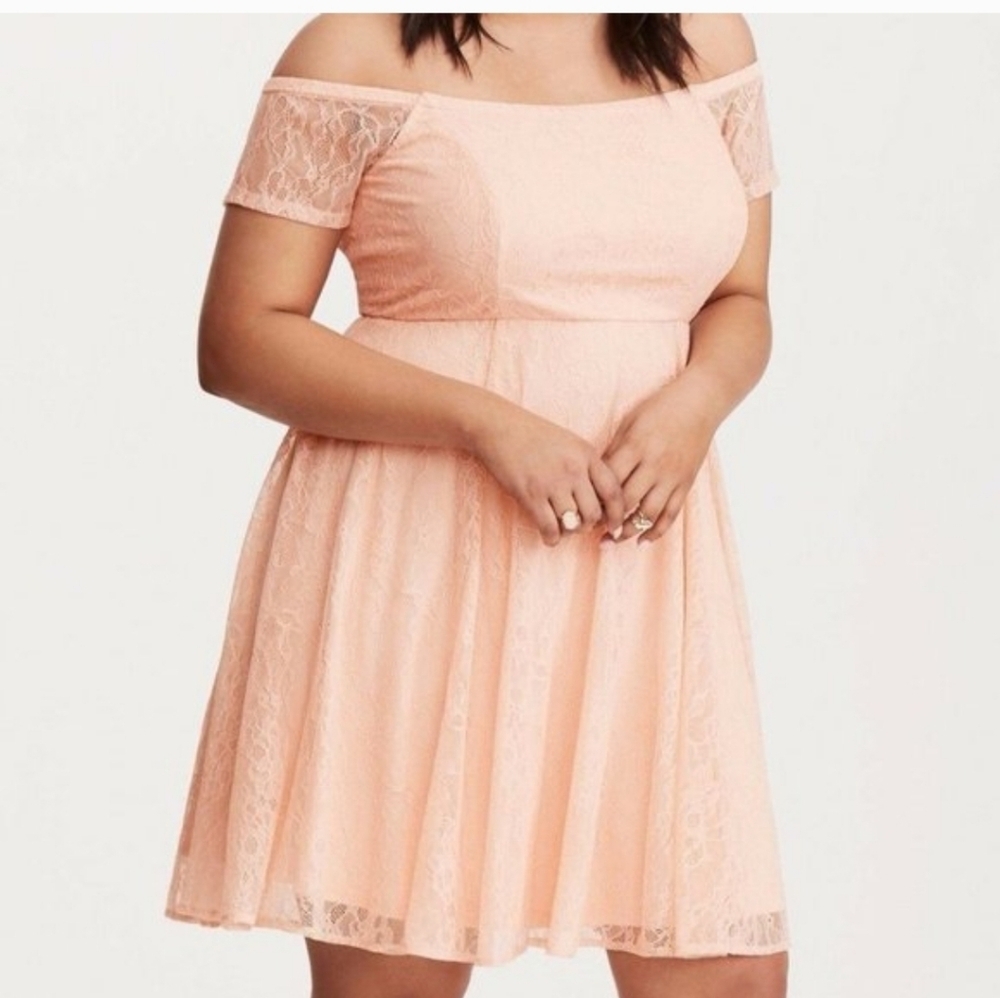 Torrid size 18 blush pink lace off the shoulder above the knee dress